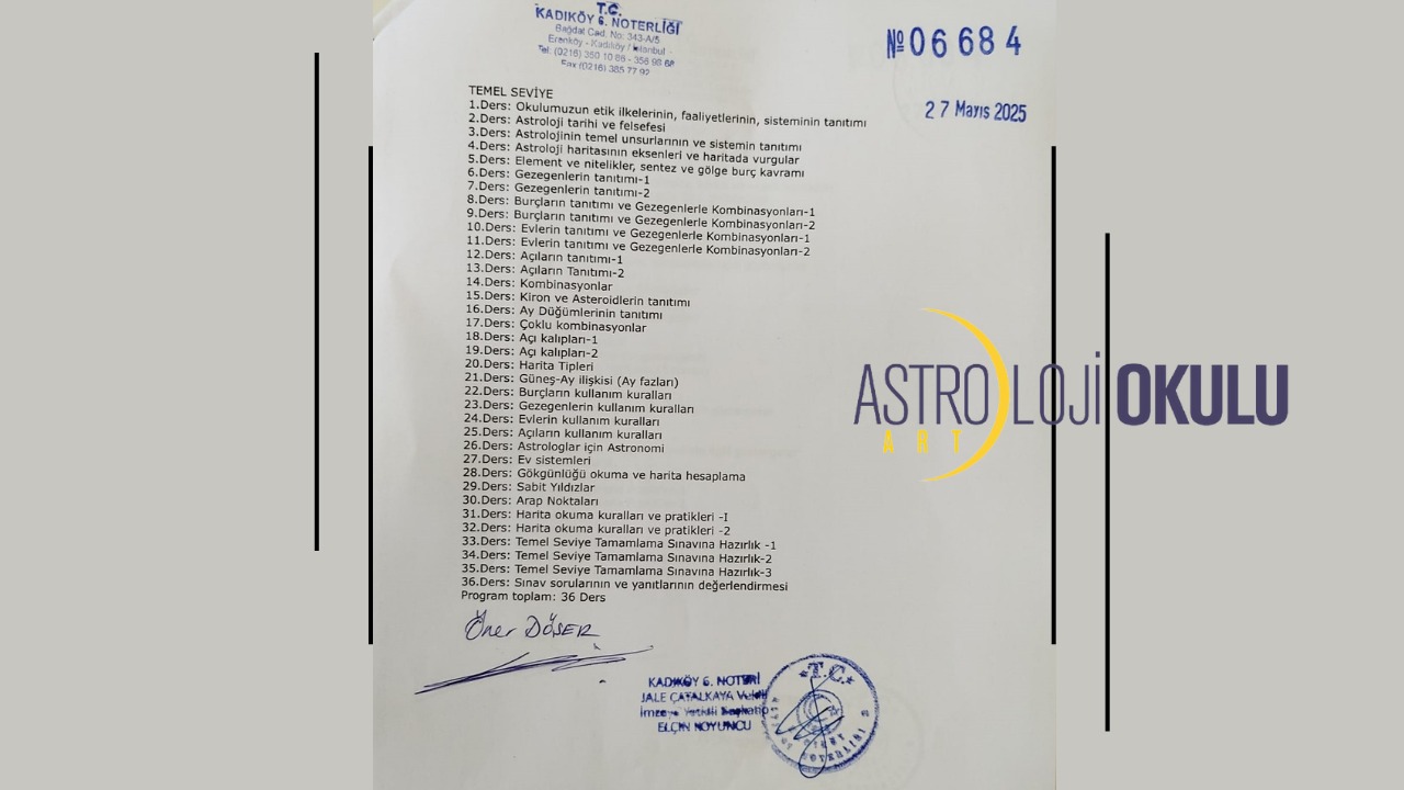 ASTROART ASTROLOJİ OKULU TEMEL SEVİYE YENİ DERS PROGRAMI