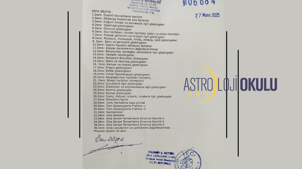 ASTROART ASTROLOJİ OKULU ORTA SEVİYE YENİ DERS PROGRAMI