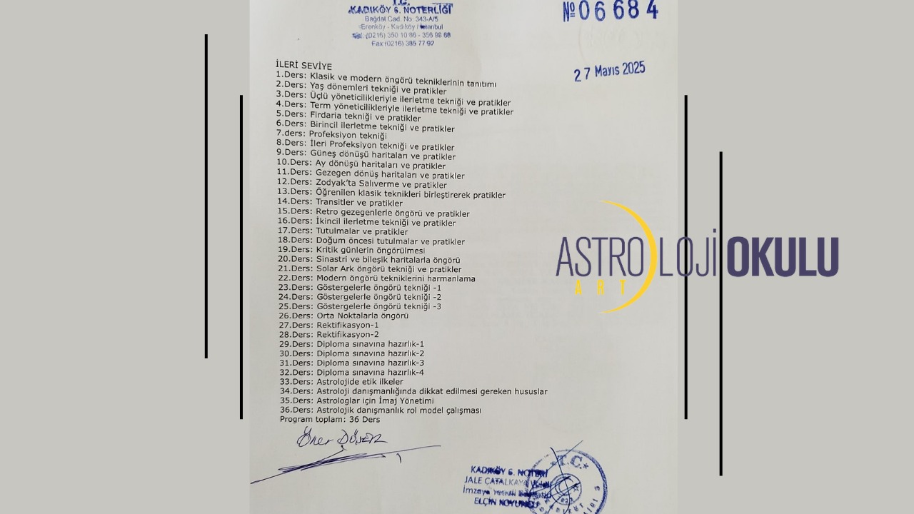 ASTROART ASTROLOJİ OKULU İLERİ SEVİYE YENİ DERS PROGRAMI